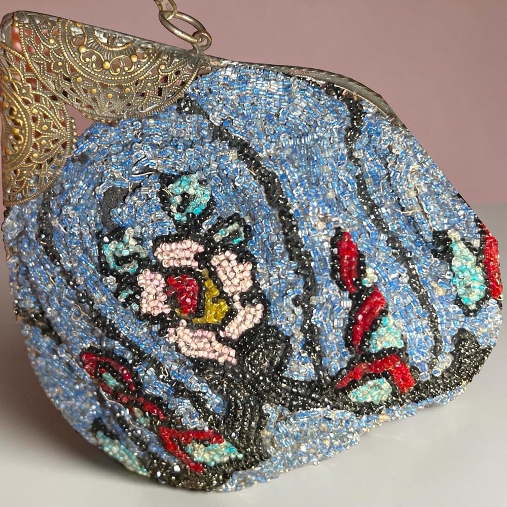 Antique Art Deco Micro Beaded Purse Czech Glass Floral filigree Frame 1920s Bag